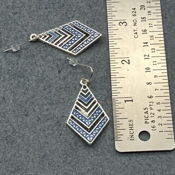 Dangle Pierced Earrings Silver Blue Enamel Chevron Hook Retro Nautical Classic - Picture 7 of 7